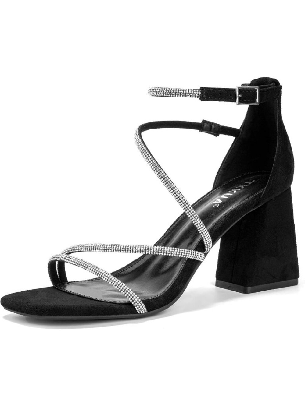 Women's Black Rhinestone Strap High Heel Sandals Square Toe Chunky Heel Shoes
